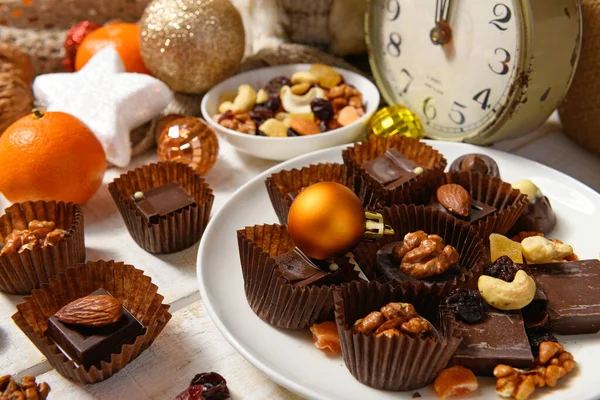 Fundo Comida Doce Para Natal Decoração Férias Doces Chocolate Tangerinas — Fotografia de Stock