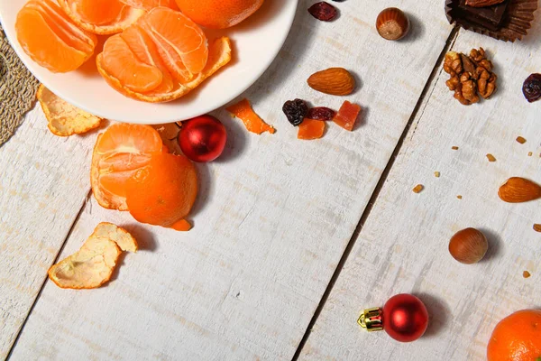 Fondo Alimentos Dulces Para Navidad Decoración Navideña Mandarinas Frutos Secos —  Fotos de Stock