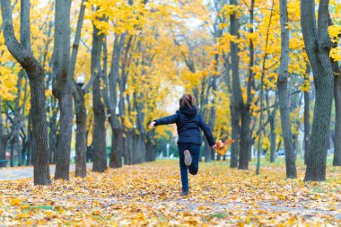 Parkta koşan ve sonbaharın tadını çıkaran bir kız, sarı yapraklı güzel bir doğa.