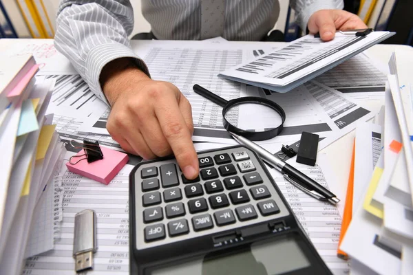 Business Concept Businessman Working Reports Office Table Workspace Close View — Stock Photo, Image