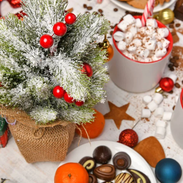 Aliments Sucrés Vue Dessus Fond Pour Noël Joyeux Décoration Vacances — Photo