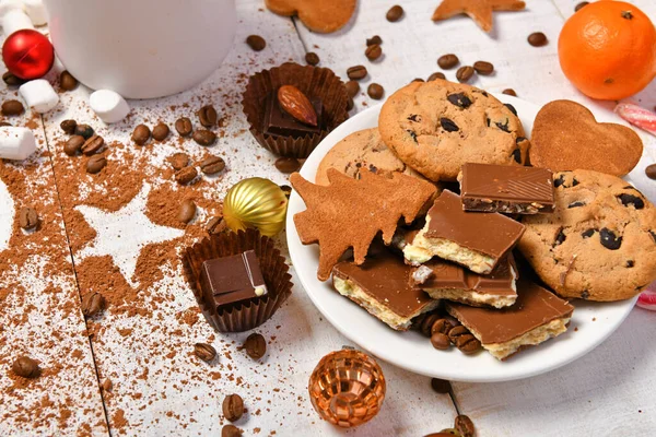 Fundo Vista Superior Comida Doce Para Natal Alegre Decoração Feriado — Fotografia de Stock