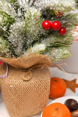 Mutlu noeller ya da yeni yıl dekorasyonu için tatlı yemek üst görünümü - çikolata şekerler, mandalinalar, beyaz ahşap üzerinde kurabiyeler