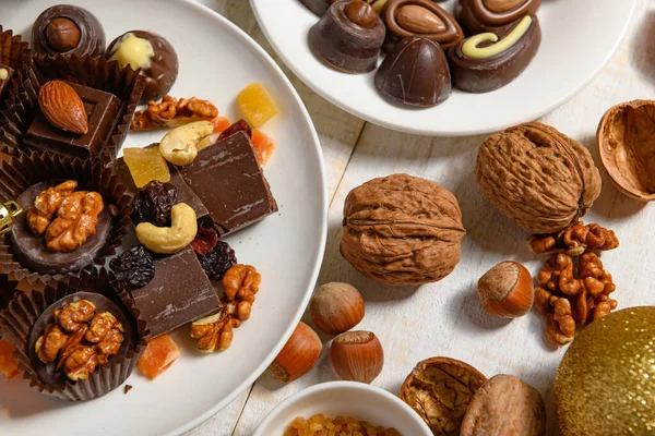 Fundo Comida Doce Para Natal Decoração Férias Doces Chocolate Tangerinas — Fotografia de Stock