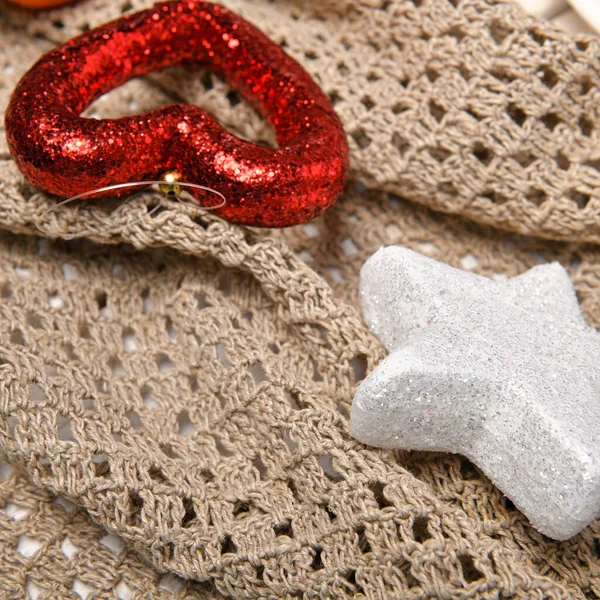 Red Heart Shape Star Wool Textile Background New Year Holiday — Stock Photo, Image