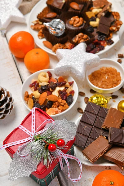 Aliments Sucrés Vue Dessus Fond Pour Noël Joyeux Décoration Vacances — Photo