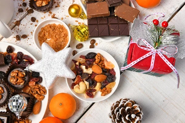 Aliments Sucrés Vue Dessus Fond Pour Noël Joyeux Décoration Vacances — Photo