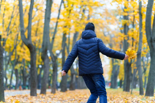 Menino Correndo Pelo Parque Goza Outono Bela Natureza Com Folhas — Fotografia de Stock