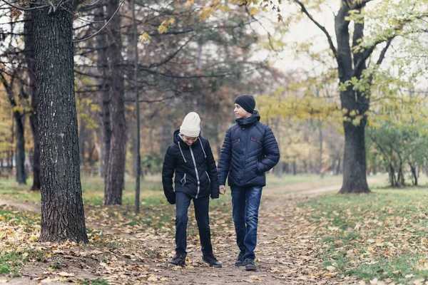 Teen Girl Boy Walking Park Enjoys Autumn Beautiful Nature Yellow — Stock Photo, Image