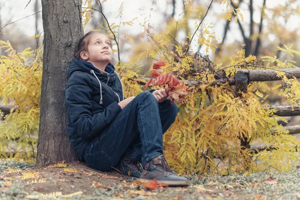 一个女孩躺在木制篱笆旁边 在城市公园里享受秋天的快乐 美丽的大自然与黄叶 — 图库照片