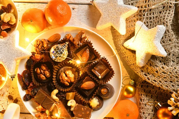 Aliments Sucrés Vue Dessus Fond Pour Noël Joyeux Décoration Vacances — Photo