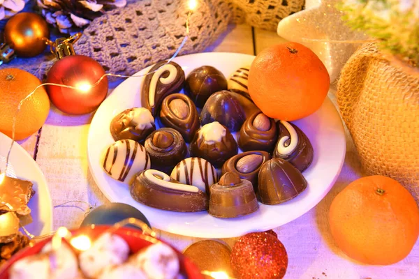 Sweet Food Top View Background Merry Christmas New Year Dekoracje — Zdjęcie stockowe