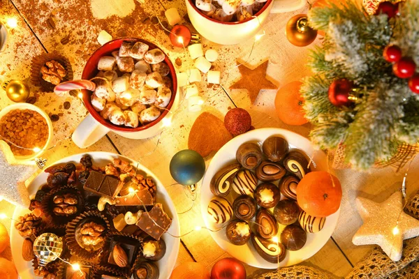 Zoet Eten Bovenaanzicht Achtergrond Voor Vrolijk Kerstfeest Nieuwjaar Vakantie Decoratie — Stockfoto