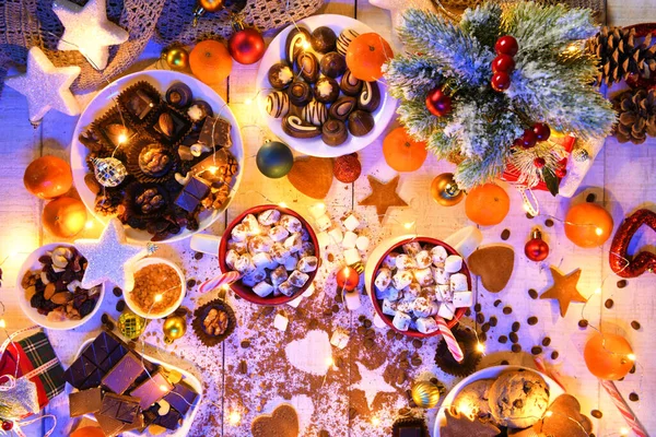 Aliments Sucrés Vue Dessus Fond Pour Noël Joyeux Décoration Vacances — Photo