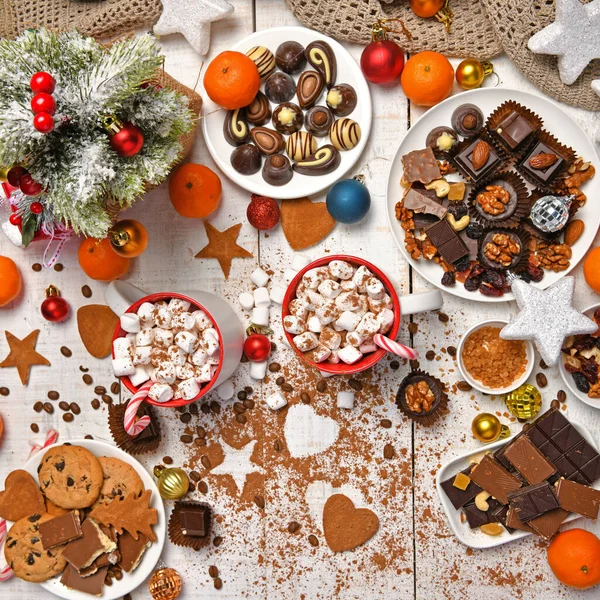 Aliments Sucrés Vue Dessus Fond Pour Noël Joyeux Décoration Vacances — Photo