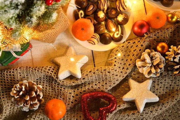 Süßspeisen Draufsicht Hintergrund Für Frohe Weihnachten Oder Neujahr Feiertagsdekoration Mit — Stockfoto