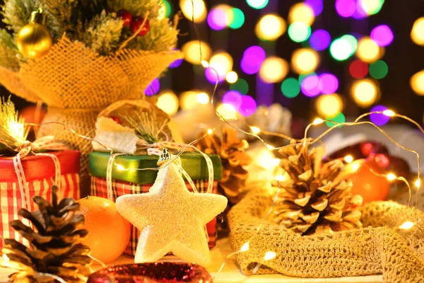 Decoratie Achtergrond Voor Vrolijk Kerstfeest Nieuwjaar Vakantie Met Nachtverlichting Chocolade — Stockfoto