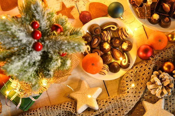 Süßspeisen Draufsicht Hintergrund Für Frohe Weihnachten Oder Neujahr Feiertagsdekoration Mit — Stockfoto