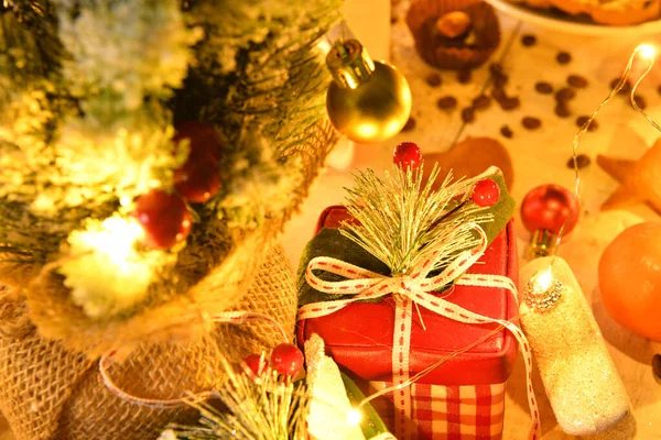 Achtergrond Voor Vrolijk Kerstfeest Nieuwjaar Vakantie Decoratie Met Nachtverlichting Geschenken — Stockfoto
