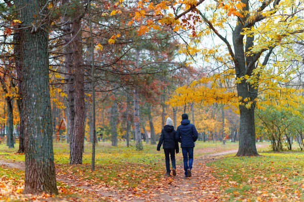 공원을 거닐고 소녀와 소년은 노란색 아름다운 가을을 즐긴다 — 스톡 사진