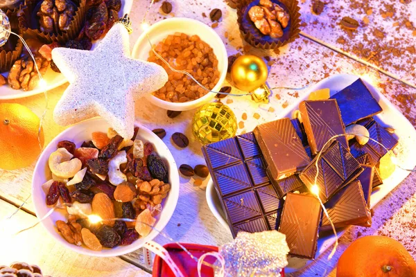 Fondo Vista Superior Alimentos Dulces Para Feliz Navidad Año Nuevo —  Fotos de Stock