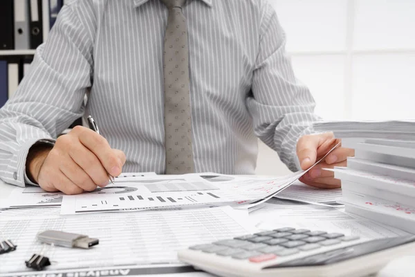 Business Concept Businessman Working Table Close View Checks Financial Reports — Stock Photo, Image