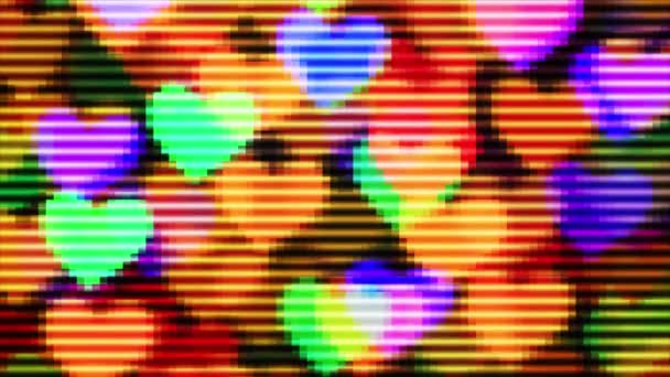 Corações Coloridos Iluminação Estilo Mosaico Design Pixel Para Férias Abstrato — Vídeo de Stock