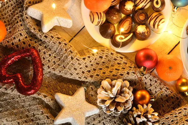 Süßspeisen Draufsicht Hintergrund Für Frohe Weihnachten Oder Neujahr Feiertagsdekoration Mit — Stockfoto