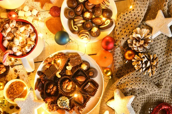 Süßspeisen Von Oben Hintergrund Für Fröhliche Weihnachts Oder Neujahrsdekoration Mit — Stockfoto