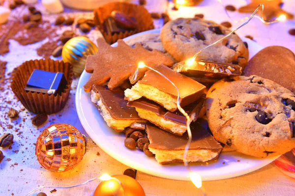 Alimentos Dulces Decoración Fondo Para Feliz Navidad Vacaciones Año Nuevo —  Fotos de Stock