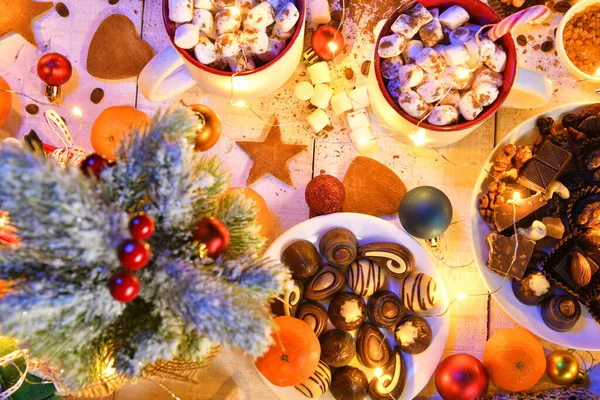 Fondo Vista Superior Alimentos Dulces Para Feliz Navidad Año Nuevo —  Fotos de Stock