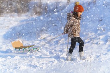 Çocuk kız kış ormanında kızakla yürüyor, parlak güneş ışığı ve karda gölgeler, güzel doğa..