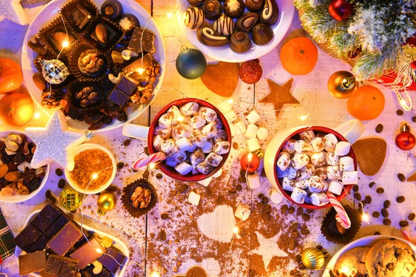Aliments Sucrés Vue Dessus Fond Pour Noël Joyeux Décoration Vacances — Photo