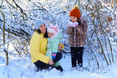 Aile portresi kış ormanlarında, anne ve çocuklar, parlak güneş ışığı ve kardaki gölgeler, güzel doğa..