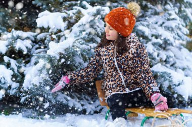Kızakta oturan ve kış ormanlarında karla oynayan çocuk, parlak karlı köknar ağaçları, güzel doğa..