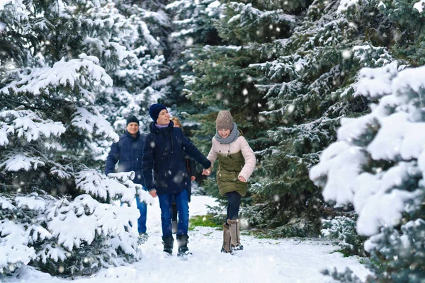 Familia Caminando Bosque Invierno Dos Padres Dos Hijos Hermosa Naturaleza — Foto de Stock