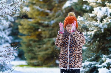 Çocuk kar kusar ve kış ormanlarında oynar, parlak karlı köknar ağaçları, güzel doğa.