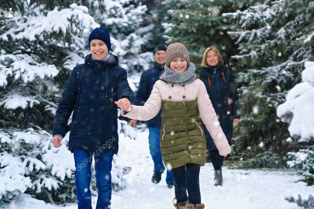 family walking in the winter forest, two parents and two children, beautiful nature with bright snowy fir trees