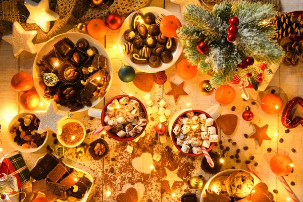 Zoet Eten Bovenaanzicht Achtergrond Voor Vrolijk Kerstfeest Nieuwjaar Vakantie Decoratie — Stockfoto