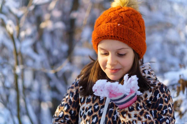 Child Girl Eats Snow Having Fun Winter Forest Bright Sunlight — Stock Photo, Image