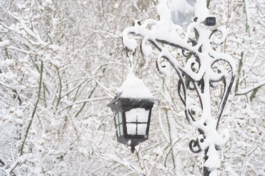 Kış şehri parkı, karla kaplı fener ve kar yağışı