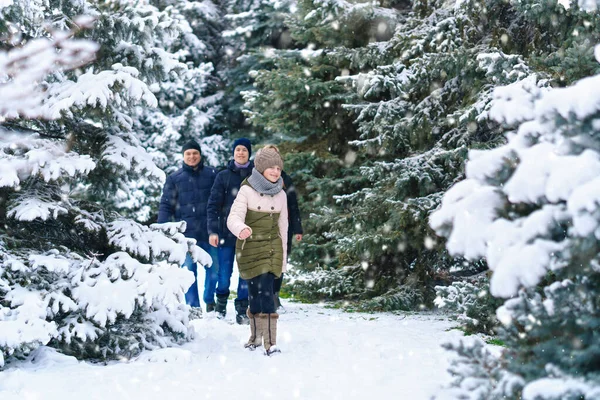 Promenade Famille Dans Forêt Hiver Deux Parents Deux Enfants Belle — Photo