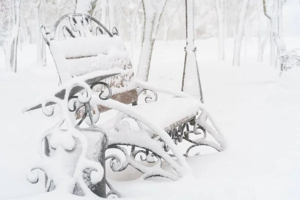 Winter City Park Benches Covered Snow Snowfall — Stock Photo, Image