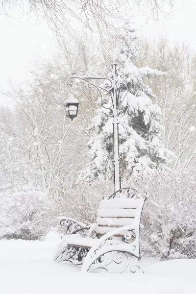 Зимний Городской Парк Скамейки Покрытые Снегом Снегом — стоковое фото