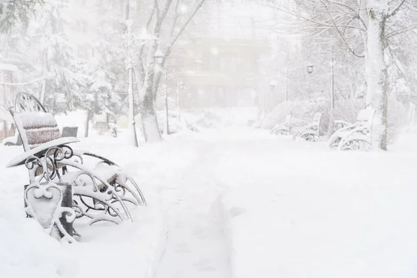 Parc Urbain Hiver Bancs Couverts Neige Chutes Neige — Photo