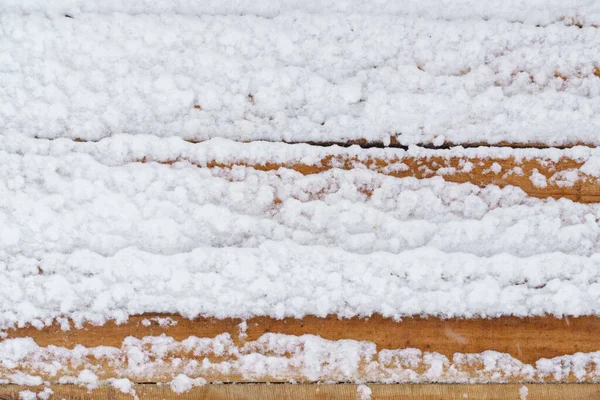 Velho Áspero Prancha Madeira Fundo Resistiu Coberto Neve Inverno Nevasca — Fotografia de Stock