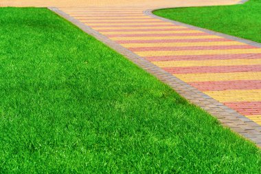 zemin olarak kaldırım taşları ve yeşil çimlerden yapılmış yürüyüş yolu, parlak güneş ışığı