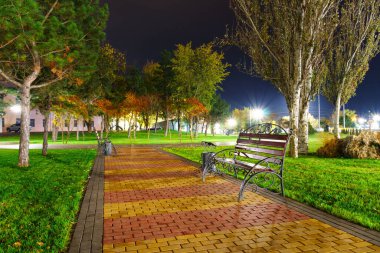 Geceleri sonbahar parkı, sarı yapraklı ağaçlar, sokak lambaları ve banklar.