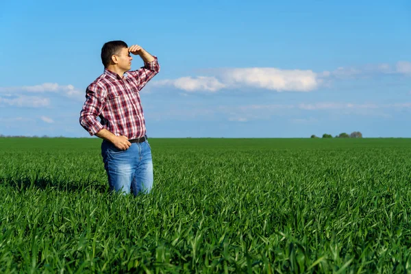 Homem Como Agricultor Coloca Num Campo Vestido Com Uma Camisa — Fotografia de Stock