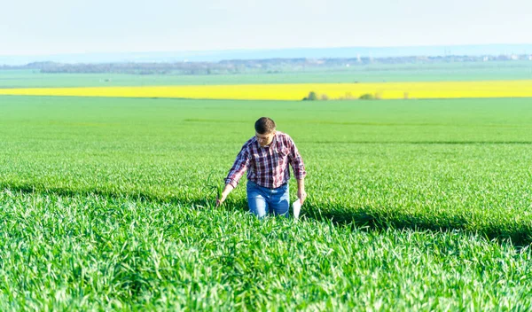 Homem Como Agricultor Que Caminha Longo Campo Vestido Com Uma — Fotografia de Stock